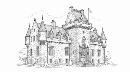 Naklejka premium Scottish baronial castle line art illustration for coloring book page