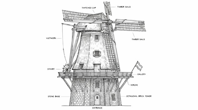 Technical drawing of traditional Dutch windmill with architectural labels