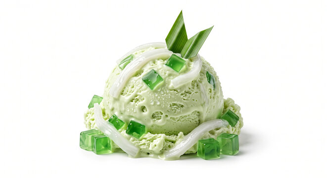 Buko Pandan Ice Cream &mdash; tropical Filipino buko pandan ice cream scoop, pale green creamy texture, decorated with young coconut strips, pandan leaves and translucent jelly cubes,
