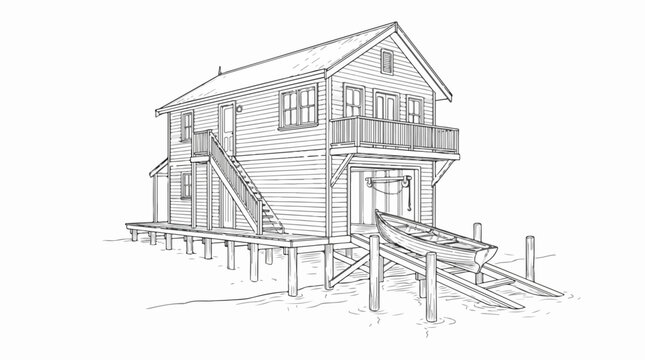 Wooden boathouse on stilts with boat ramp and rowboat line art drawing