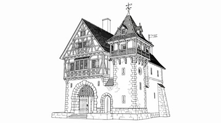 Fototapeta premium Medieval half-timbered house line art with gatehouse and stone tower