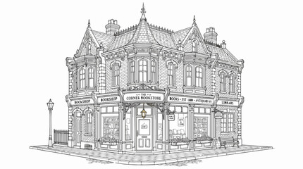 Obraz premium Victorian Corner Bookstore Architectural Line Art Illustration Drawing