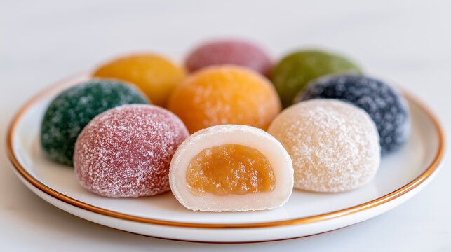A dish of colorful Japanese dessert mochi.