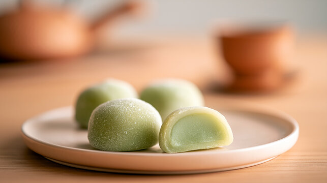 A dish of Japanese dessert green mochi.