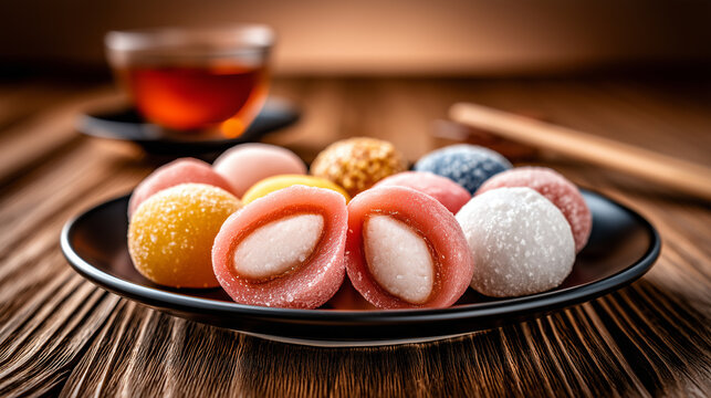 A dish of colorful Japanese dessert mochi.