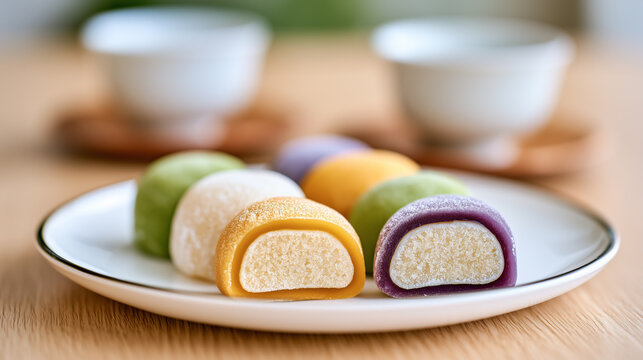 A dish of colorful Japanese dessert mochi.