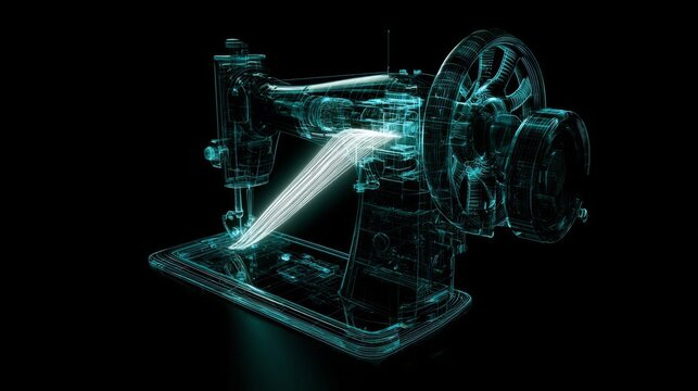 Glowing sewing machine tech schematic with luminous thread overlay