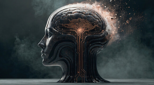 Monumental human profile sculpture engineered as futuristic artificial intelligence concept with glowing circuit brain and smoke