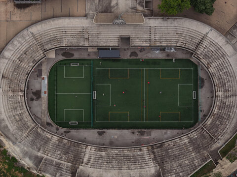 Aerial view of Tasmajdan Stadium with its distinctive oval concrete seating and green soccer pitch in Beograd, Grad Beograd, Serbia.