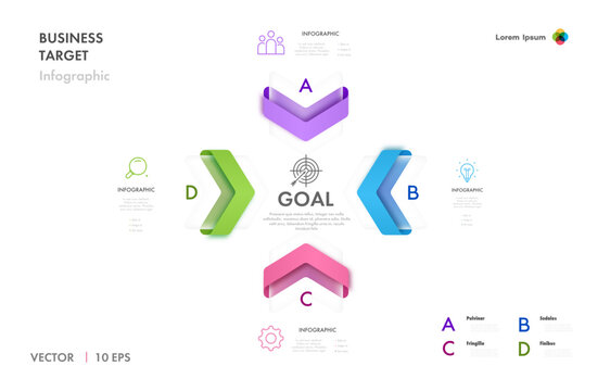 Infographic diagram 4 parts arrow 3d isometric glassmorphism effect for flowchart, business project development process, data visualization, marketing vector