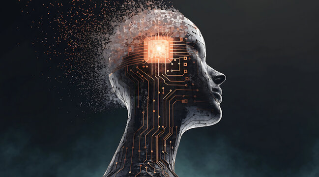 Futuristic human profile sculpture with glowing circuit pattern and fragmented surface suggesting artificial intelligence and digital