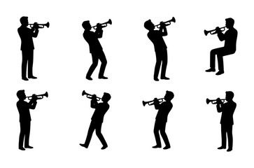 Trumpet Player Silhouettes Set: Jazz Musician Poses, Musical Performance, Vector Icons for Concert and Band Graphics © Hamida