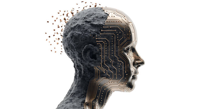 Refined side profile bust representing human intelligence and artificial technology