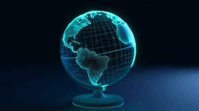 Teal holographic wireframe globe schematic on dark navy background