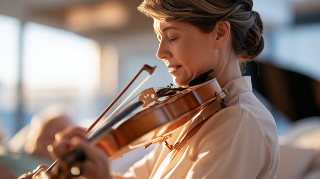rear view of a music therapist playing violin softly at a patient's bedside in a bright hospice room, back to camera, compassionate patient support concept, music therapy,