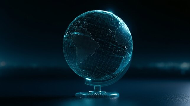Glowing neon globe blueprint with latitude-longitude mesh overlay