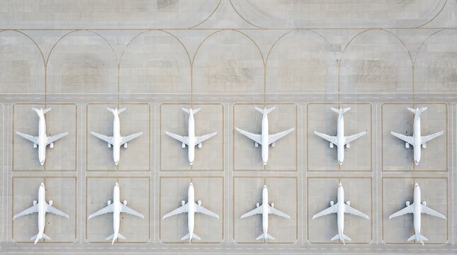 Aerial view of a row of parked commercial airplanes lined up on an airport tarmac.