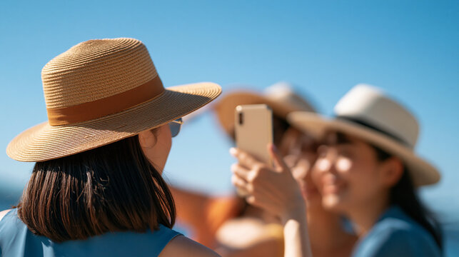 over-the-shoulder view of asian young friends taking a selfie together and having fun on a bright beach, faces turned away from camera toward the phone, summer vacation concept,