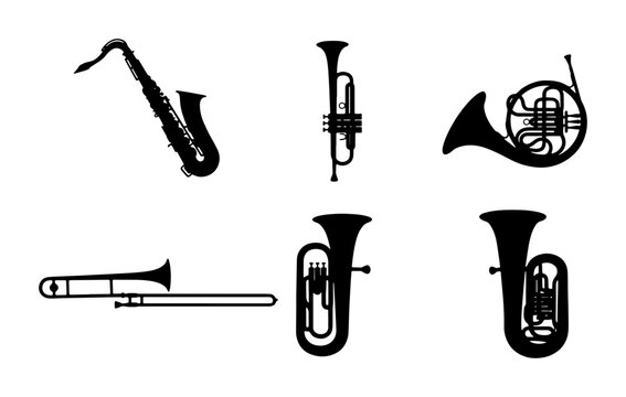 Vector Set: Brass and Woodwind Musical Instruments, Saxophone, Trumpet, French Horn, Trombone, Tuba Icons