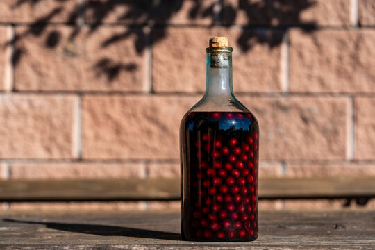 Homemade cherry liqueur in vintage glass bottle on wooden table. Rustic glass bottle filled with homemade cherry liqueur and whole berries stands on wooden surface against brick wall, closeup