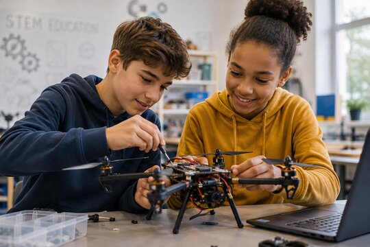 Diverse teen students building a drone together in a STEM robotics class. Smiling boy and girl learning programming and engineering at school.