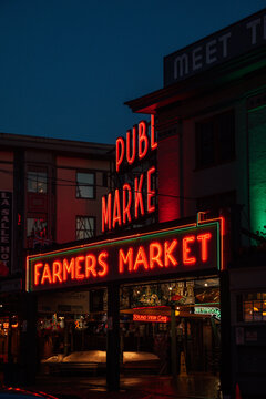 Public Market, Farmer's Market neon signs at night at Seattle's Pike Place Market 2026