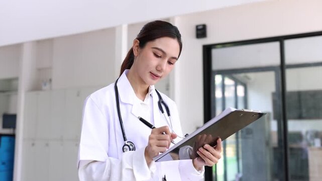 A woman doctor using patient clipboard standing in modern clinic office.