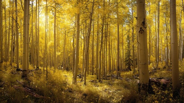 Bright golden sunlight filtering through a dense aspen forest during early autumn, countless pale yellow leaves glowing against dark tree trunks, one