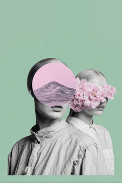 Two monochrome figures with a mountain in a pink circle and blossom covering their eyes on a soft green background