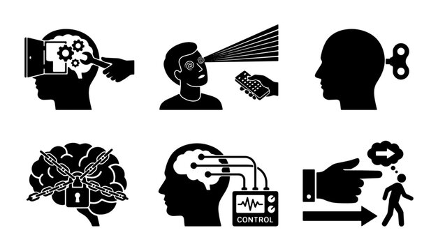 Mind Control Icons: Brain Manipulation, Thought Influence, Mental Control, Psychology Concepts