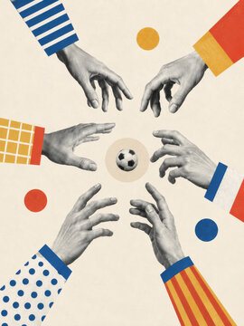 Six hands in patterned sleeves reaching inwards towards a single small football at the centre of a bold collage