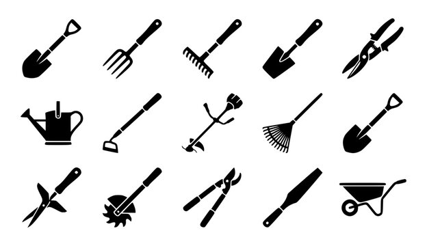 Gardening Tools Icon Set Vector Shovel Wheelbarrow Rake Silhouette