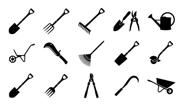 Gardening Tools Icon Set Vector Shovel Wheelbarrow Rake Silhouette