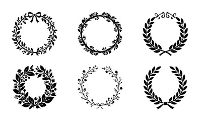 Fototapeta premium Set of 6 Laurel Wreath Vector Icons, Decorative Floral Circles, Elegant Botanical Frames for Design
