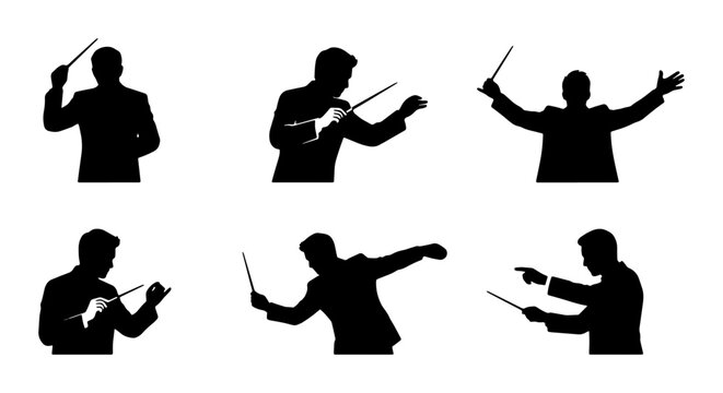 Conductor Silhouettes Set: Maestro Gestures, Music Director Poses, Classical Orchestra Baton Actions