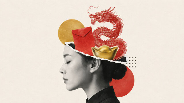 Profile of a woman with a red dragon, gold ingot and red envelope rising from her open head in a surreal collage