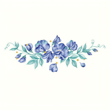 Watercolor blue sweet pea flowers with green leaves arrangement isolated on a transparent background