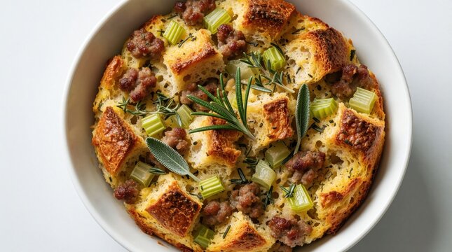 Savory bread pudding with sausage, celery in white ceramic bowl. Warm baked meal with rosemary, sage garnish on plain background. Delicious homemade breakfast brunch dish served for tasty comfort