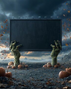 An imaginative scene depicting monstrous hands emerging from the ground, holding a blank slate against stormy skies, evoking feelings of mystery and creativity amid chaos and transformation.