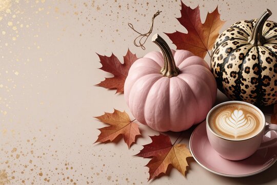 Elegant autumn flat lay with pink pumpkins, leopard print gourd. Dried maple leaves, latte coffee cup on beige background with gold speckles. Stylish fall decoration with copy space for seasonal sale