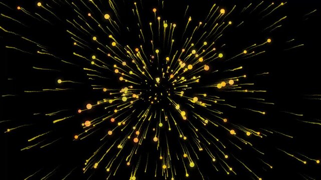 4k gold glitter explosion effect on black background, floating golden sparkles and shining dust bursting in slow motion, glowing bokeh particles, luxury confetti and festive light loop animation