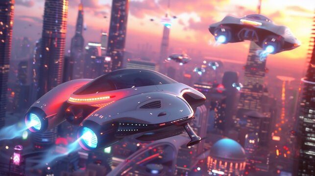 Futuristic cityscape with flying vehicles over a vibrant metropolis at sunset