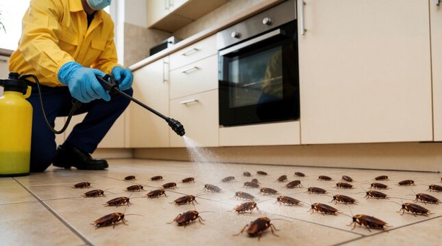 Pest control expert sprays toxic liquid on many cockroaches crawling on kitchen floor. Professional exterminator in safety gear treats insect infestation in domestic home.