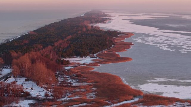 Beautiful Wladyslawowo city at the Baltic Sea at snowy winter, Poland.