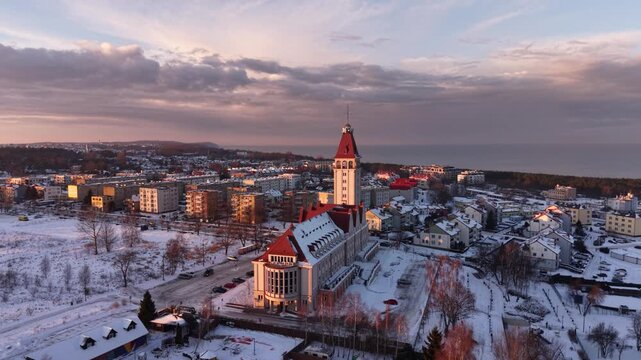 Beautiful Wladyslawowo city at the Baltic Sea at snowy winter, Poland.