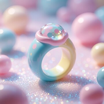 Stylish ring features vibrant blue, sunflower hues. Translucent dome on top colorful polka dots. Ornament sits on textured surface surrounded by scattered colorful balls. Scattered orbs add whimsical