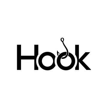 word mark hook logo design, typography hook for fishing hook logo design
