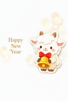 Cute sheep holding a bell happy new year greeting for minimal card background and postcard design