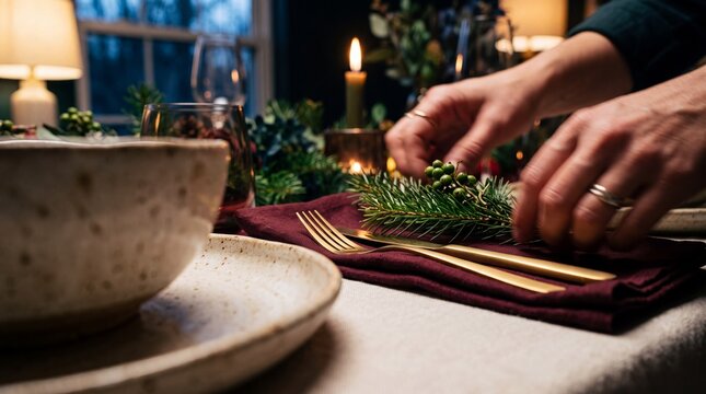 Hands decorating a festive Christmas dinner table setting with pine branches, golden cutlery, burgundy napkins, and cozy burning candles