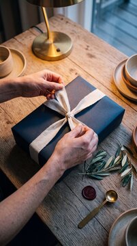 High angle view of a person tying a cream linen ribbon bow around a dark navy blue gift box on a rustic wooden table